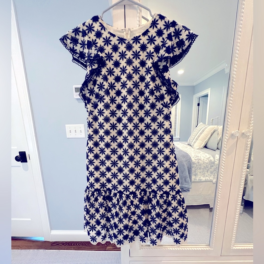 Shoshanna Embroidered Ruffled Dress in Dark Navy and White